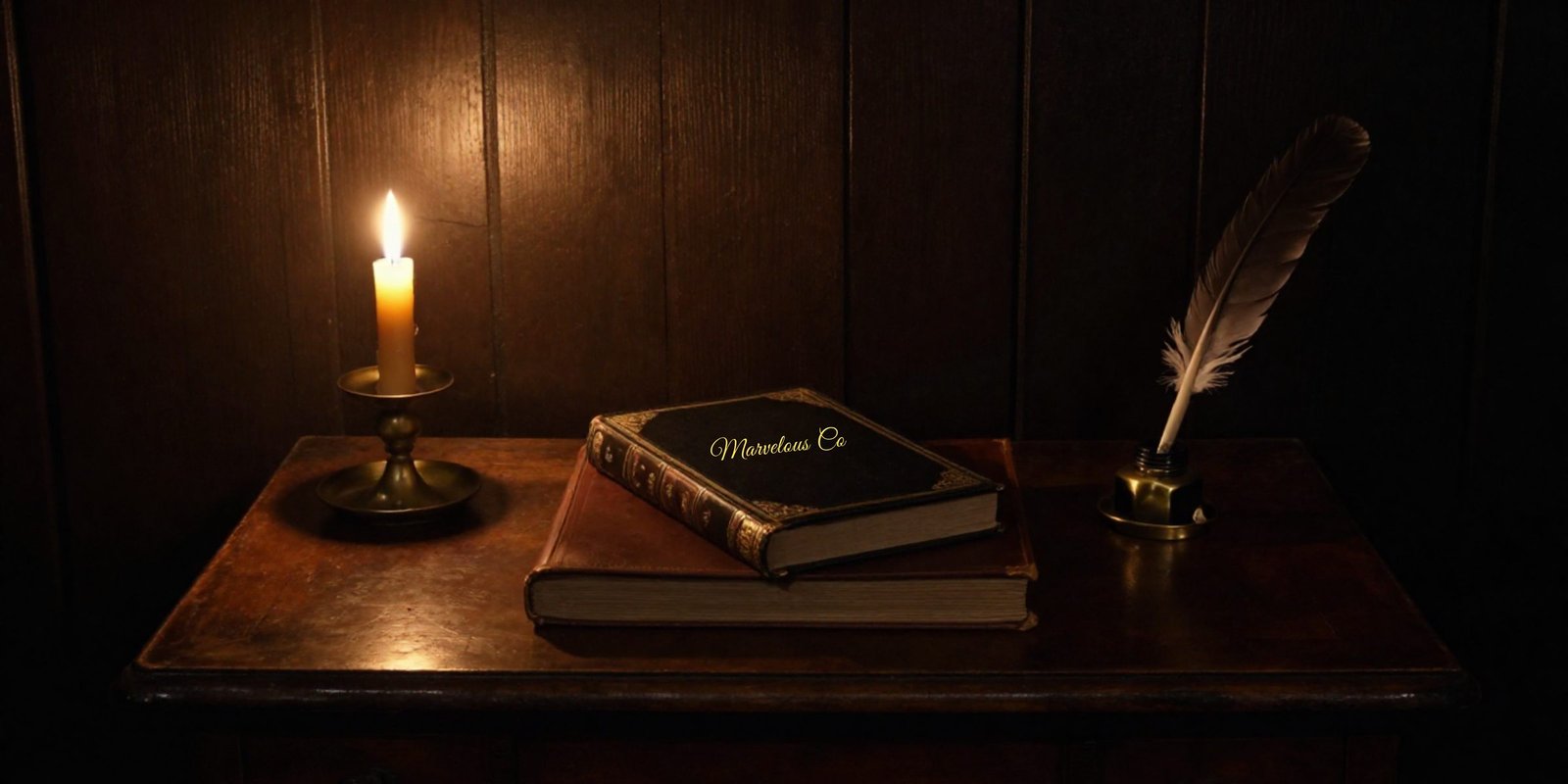 A candlelit study table: the Marvelous Co book rests on a larger unmarked book beside a lit candle, brass inkwell, and quill